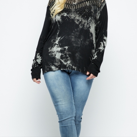 New Vocal Plus Rhinestone Tie Dye Black Slashed Top Shirt - Picture 3 of 7